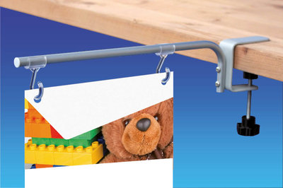 Fixed clamp banner holder for shelves from 3 to 35mm - Length 210mm - Open hooks
